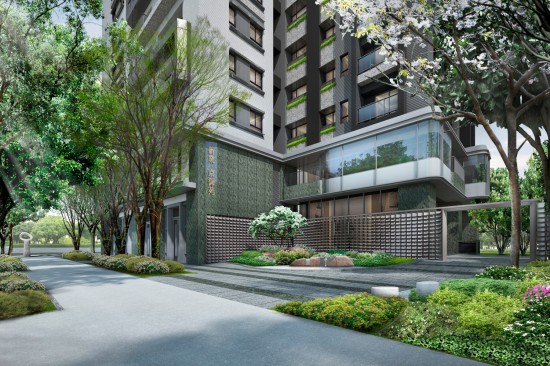 『新業(yè)京御苑』26層昂峰地標(biāo)，放眼能遠(yuǎn)眺山形，低迴可近收闊綠，桃源覓靜的入口，片片金屬瓦形景牆，彷彿風(fēng)吹水波粼粼，簡約意象鳥居，表現(xiàn)日式清逸的入口。