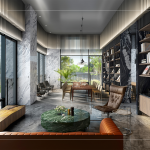 原木溫潤的香氣、溫暖的質(zhì)地與色調(diào)，為空間增添另一份溫度，串聯(lián)生活與自然相遇。(圖為大塊森濤–圖書閱覽室3D圖)