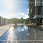 一池清淺水面曲橋，白日映雲(yún)、夜晚映月，循著曲橋向前，猶如走入畫中，一隅硯臺(tái)地景，一隅松姿倒影，無處不風(fēng)景。