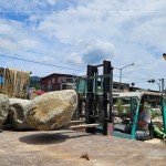 將挑選的石頭放上貨車，移至工廠用強力水柱清洗身體後，選個良辰吉時再入新厝，期待那天的到來。